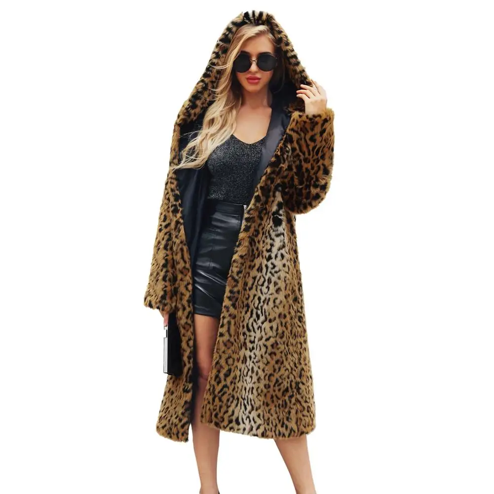 Plus Size 2018 Leopard Long Sleeve Hooded Faux Fur Coat Outwear Sexy