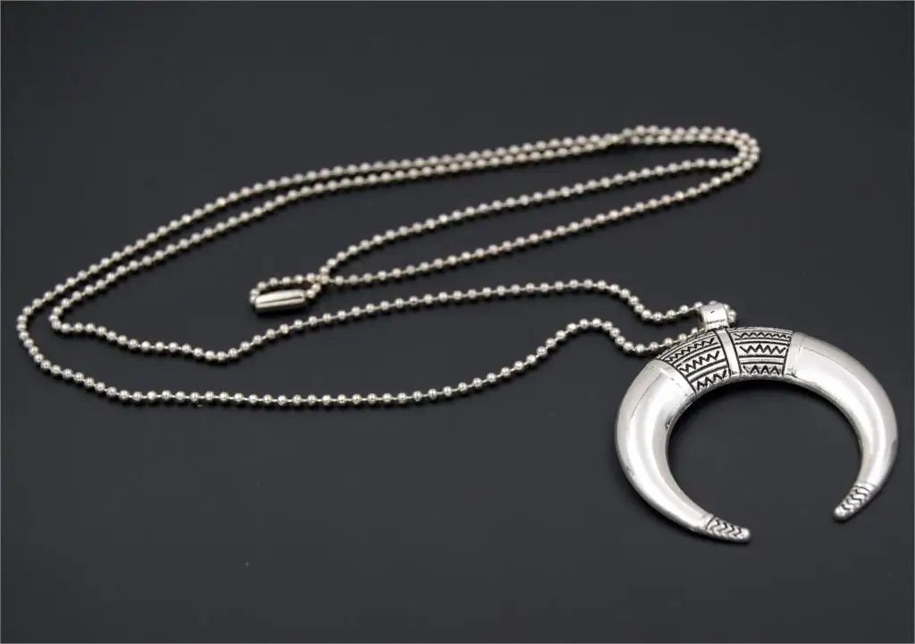 1 шт., винтажная серебряная подвеска в виде рога с шариковой цепочкой, ожерелье в форме полумесяца для женщин, ювелирный подарок E1028