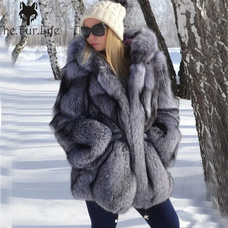 

New 2018 Big Fox Fur Coat Hooded Loose Thicken Warm Natural Ladies Fur Jackets With Hood Real Fur For Women