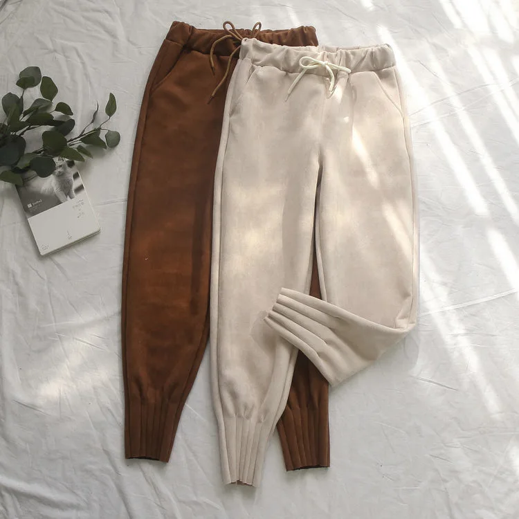 Женские осенне-зимние штаны-шаровары с эластичной талией, замшевые повседневные капри длиной до щиколотки, женская одежда, брюки-карандаш WP26