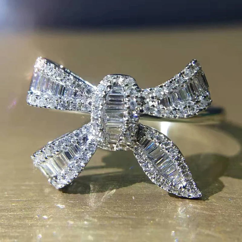 LASAMERO кольцо для женщин 0.362CTW 18 К белого золота Круглый& багет Cut природных алмазов бантом форма Halo обручальные кольцо