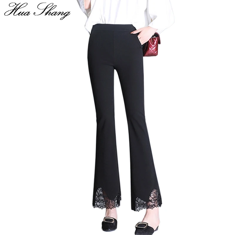 

Women Summer High Waist Lace Patchwork Bell Bottom Pants Elastic Waist Casual Flare Pants Lady OL Style Work Office Trousers