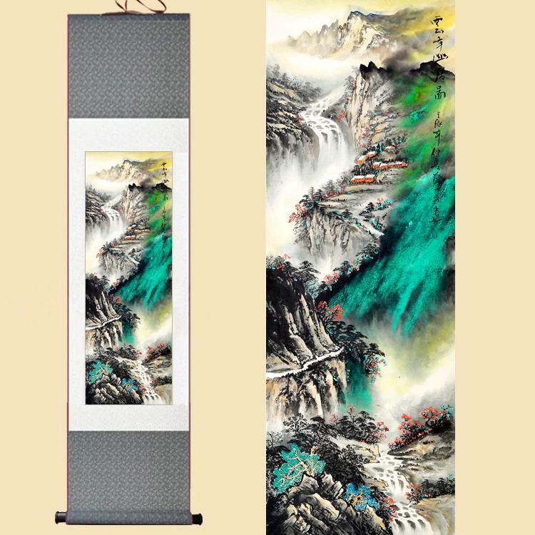 

Chinese Silk ink watercolor Landscape Mountain Waterfall Tree Feng Shui art wall picture damask framed scroll canvas painting