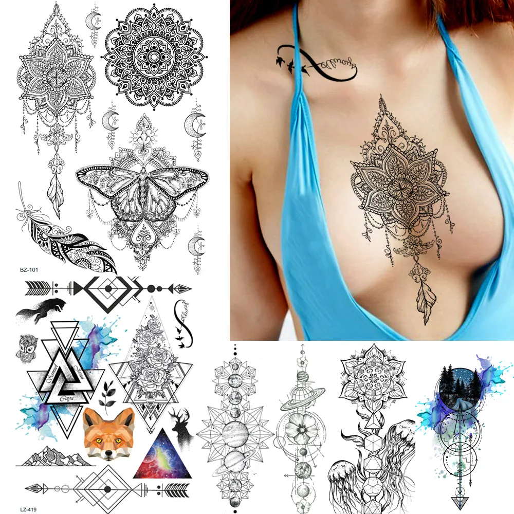 

FANRUI Fake JewelsTemporary Tattoos For Women Henna Pendants Flower Moth Sticker Black Henna Tattoo Body Art Arm Arrows Pattern