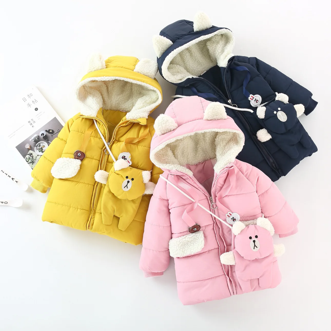 

Girls Coat Autumn Winter Coat Long Sleeve Section of The New Cotton Padded Jacket For Girls Yellow 1-4 Years with Bag Fashion