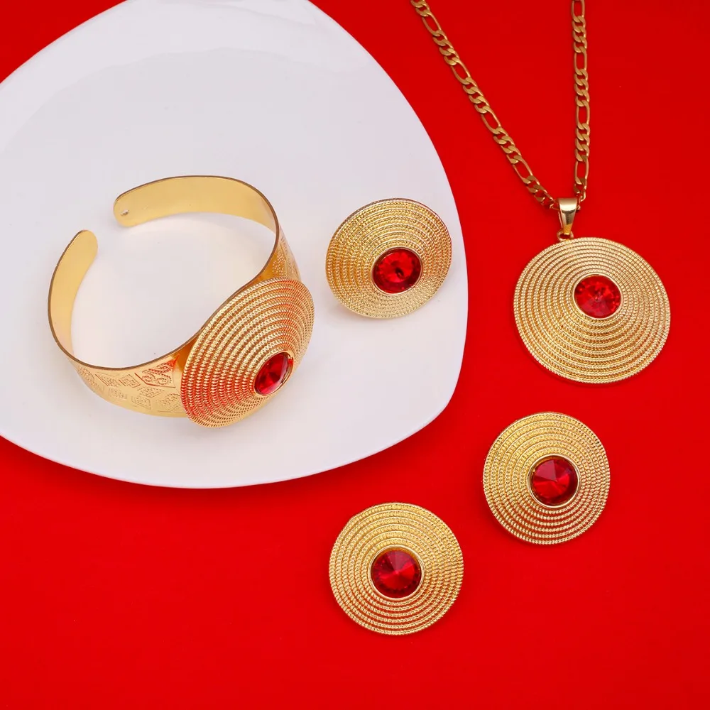 

New Arrivel Stone Ethiopian Round Cross Jewelry Set Gold Color Eritrea Religious Enkutatash Amharic Dubai Wedding Gift