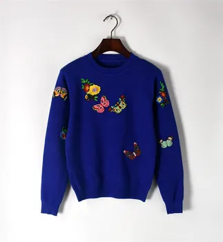 

2018 Spring New Luxury Floral Appliques Fashion Jumpers Sweet O Neck Casual Sweaters Women Pullovers Chic Kintted Tops