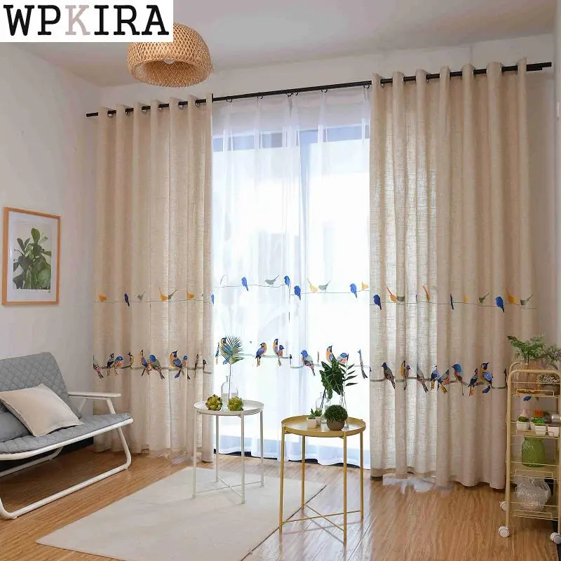 

Cotton Linen Curtains for Living Room Bedroom Pastoral Curtain with Embroidery Birds White Tulle Sheer Window Curtain 432&30