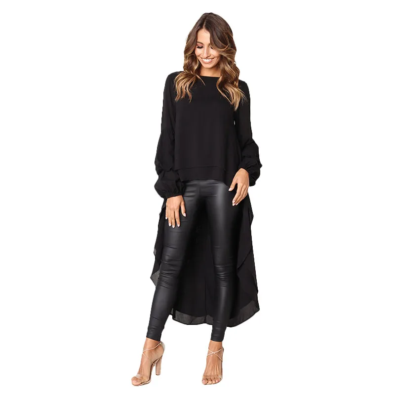 

Women Fashion O Neck Puff Sleeve Asymmetric Chiffon Long Blouse Ladies Autumn Casual Solid Color Loose Long Sleeve Tops