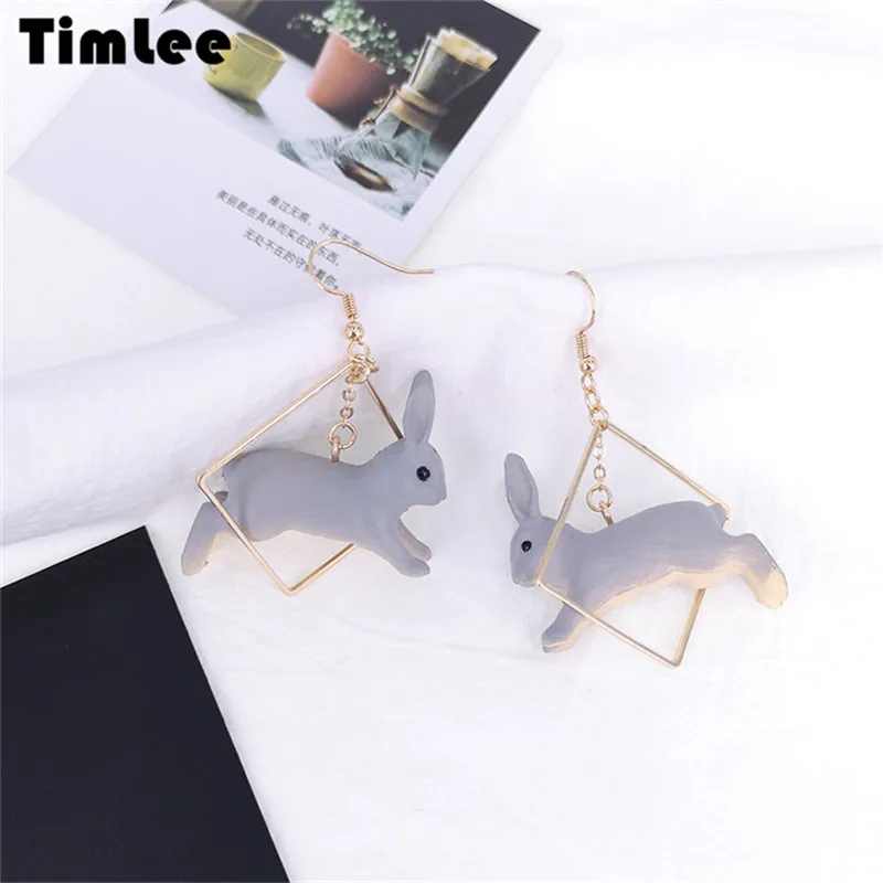 

Timlee E100 Free shipping Personality Lovely Three-dimensional Rabbit Geometric Square Alloy Drop Earrings wholesale