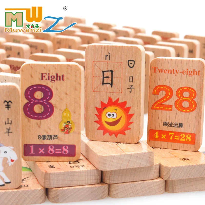 

MWZ 100pcs Beech Wood Digital Fruit Chinese Characters Learning Wooden Domino Blocks Double-sided Printing Educational Toys