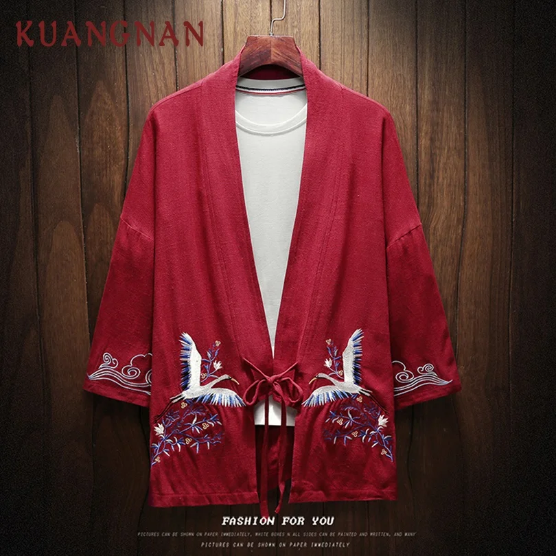 Мужской кардиган с вышивкой KUANGNAN Crane кимоно рубашка 5XL одежда японское летняя