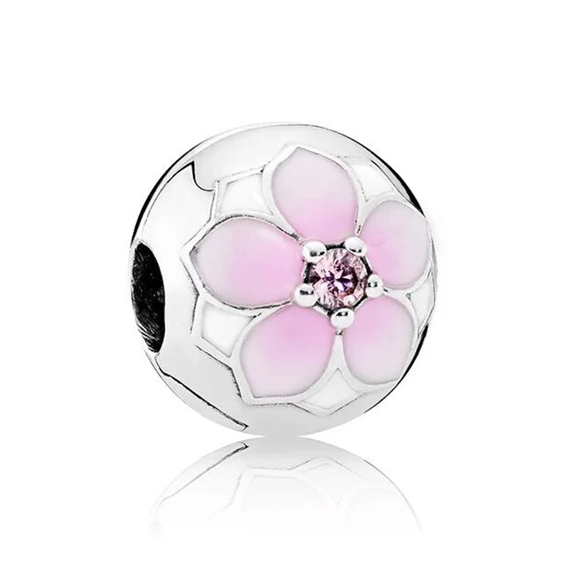 

New 925 Sterling Silver Bead Charm Enamel Magnolia Bloom Fixed Clip Clip Lock Stopper Beads Fit Pandora Bracelet Diy Jewelry