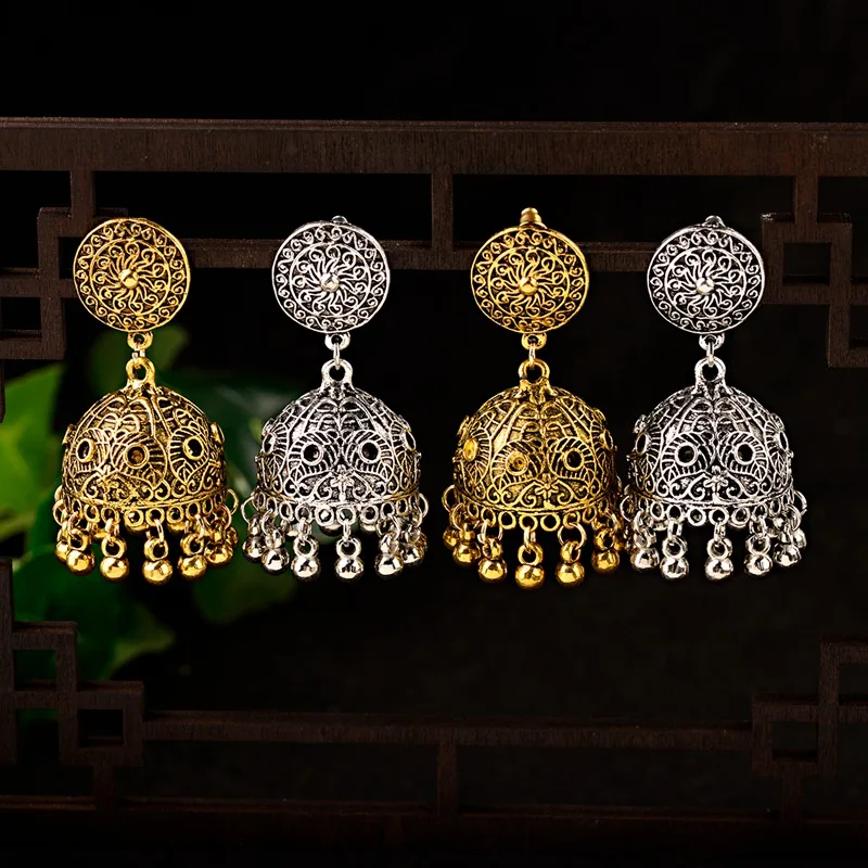 

TopHanqi 2019 Gypsy Vintage Big Bells Drop Earring Bohemia Ethnic Alloy Carved Dangle Earrings For Women Indian Jhumka Jewelry