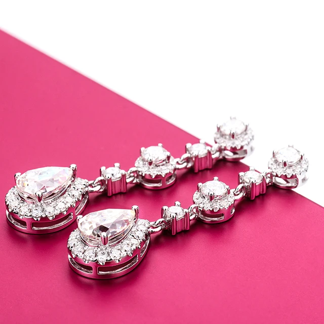 Classic Engagement Party Jewelry 18k White Gold Pear Shape Moissanite Diamond Wedding Long Dangle Earring for Women 3