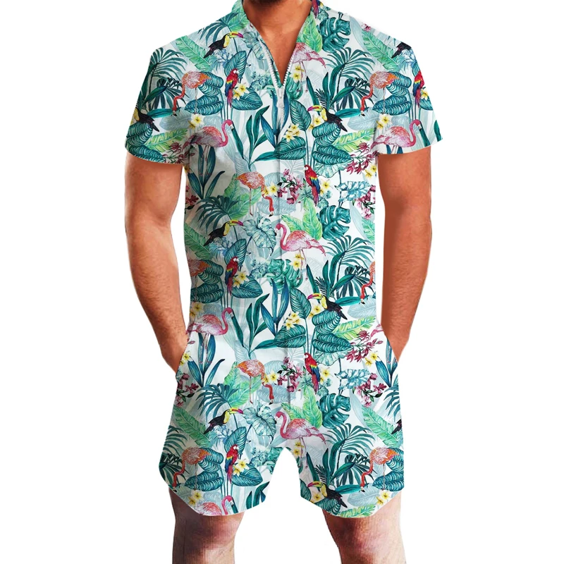 Новые Гавайские комбинезоны с 3D принтом тигра и фламинго, мужской комбинезон, гарем, Карго, летние повседневные пляжные мужские комплекты на молнии - Цвет: Черный