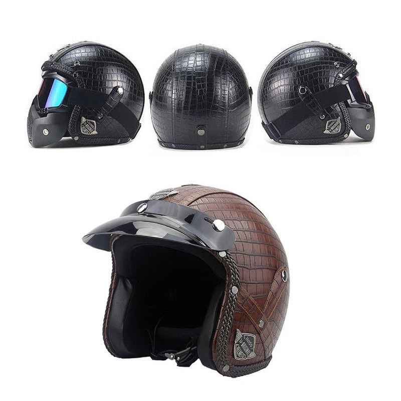 Brown Motorcycle Helmets 3/4 Open Helmet PU Leather + Goggle Mask Vintage Style XLL