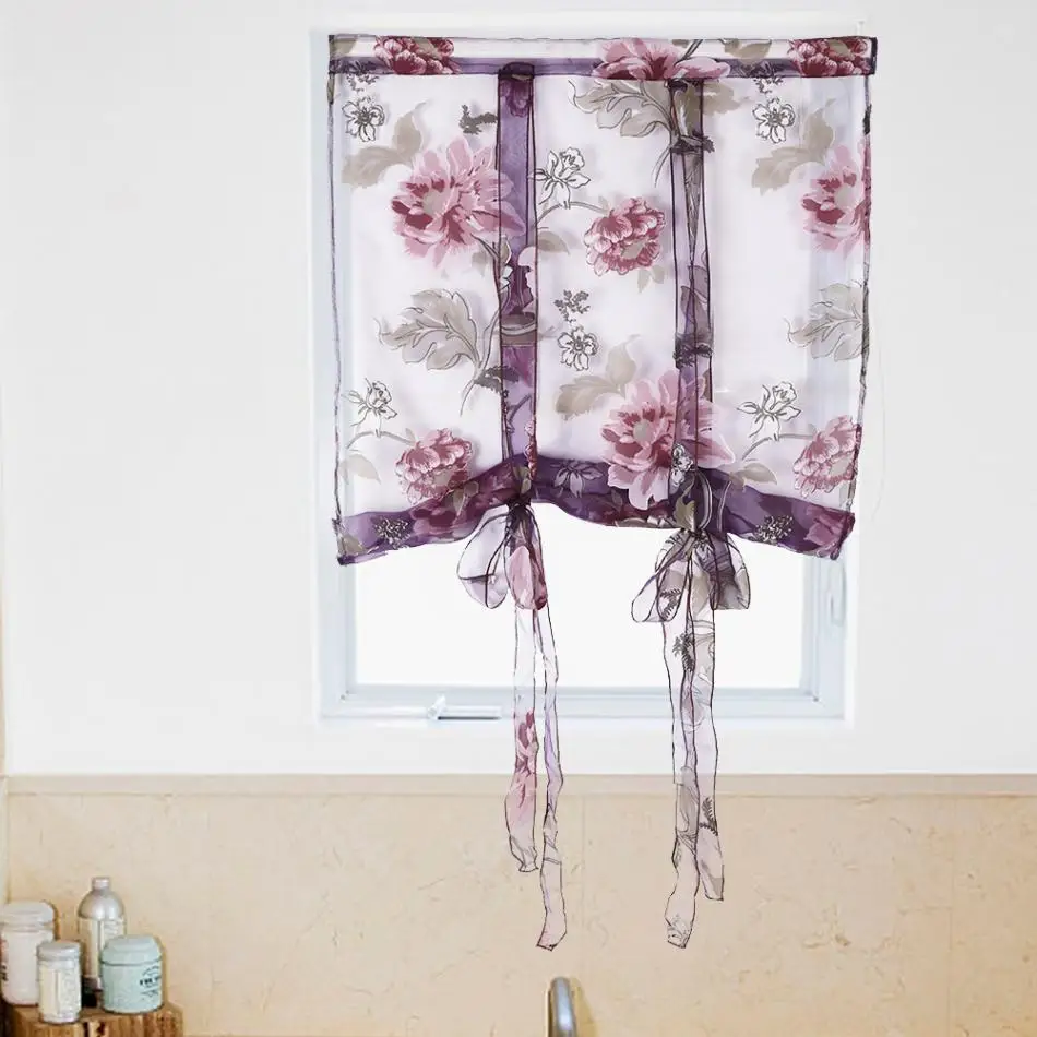 Cafe Curtain Rod Liftable Window Floral Sheer Shop Kitchen Bathroom