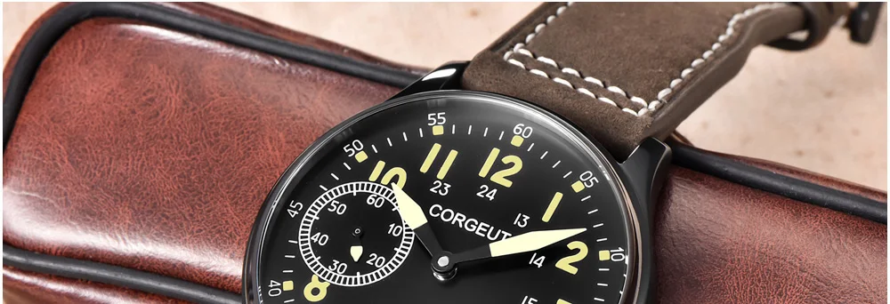 Corgeut модные кожаные Топ светящиеся механические часы с ручным заводом 17 Jewels ST3600 Чайка 6497 спортивные наручные мужские часы