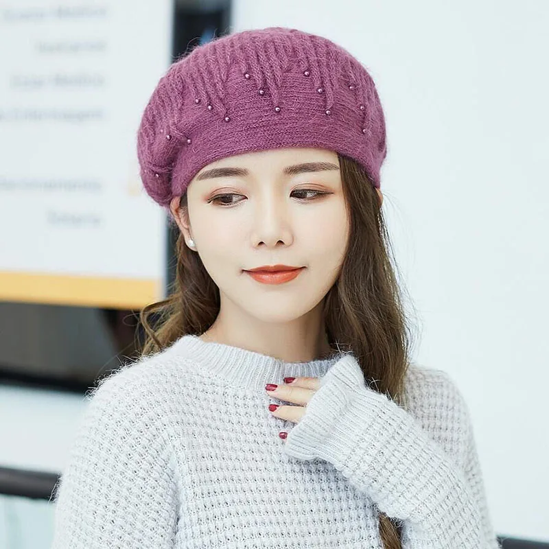 

BING YUAN HAO XUAN Winter Women Autumn Rabbit Fur Beret Hat for Girl Knitted Hat Fashion Solid Taking the Female Boina