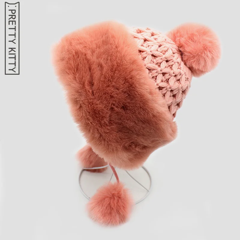 

PRETTY KITTY 2017 Fur Hats Female Hair Fashion Fur Caps Autumn Winter Keep Warm Ear Cap Knitted Hat For Women Cap