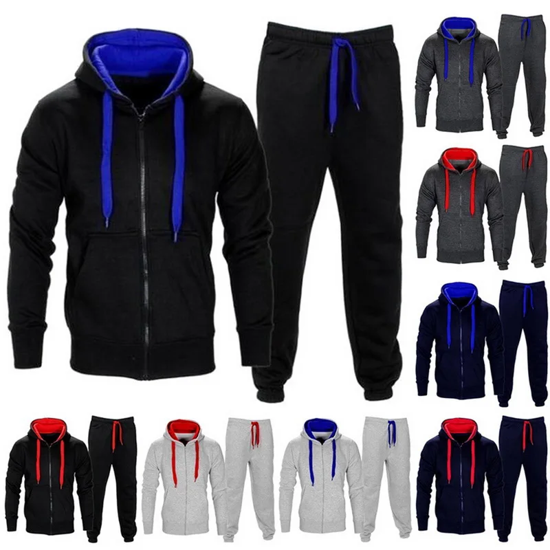 Adisputent Patchwork Autumn Winter Men Suits Men's Sportswear Tracksuit with Zipper Hoodie Two Pieces Set Drawstring chandal