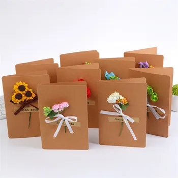 

100 X 16*10.9cm Hand-Made Greeting Card Dried Flower Decoration 8 Designs DIY Vintage Christmas Thanksgiving Kraft Paper Cards