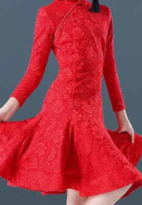 Латинские танцевальные платья детские красные платье Чонсам с длинным рукавом воротник девочки конкурсное выступление одежда Румба ча-ча Самба платья DN3072 - Цвет: Красный
