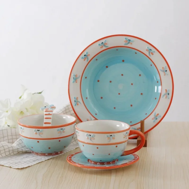 AYC New cute cartoon children's tableware ceramic 5 piece set Creative small insect butterfly bee bowl cup spoon