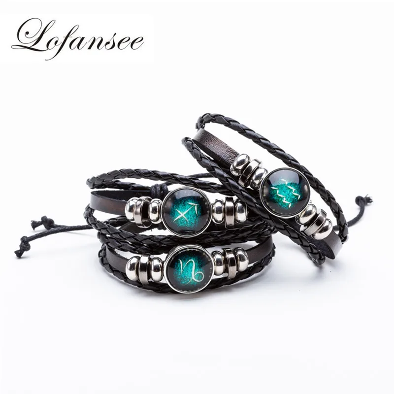 Lofansee 2018 Fashion Adjustable Fluorescent 12 Constellation Leather Lace up Charm Bracelet For Men Women Lover Gift Rope Chain | Украшения