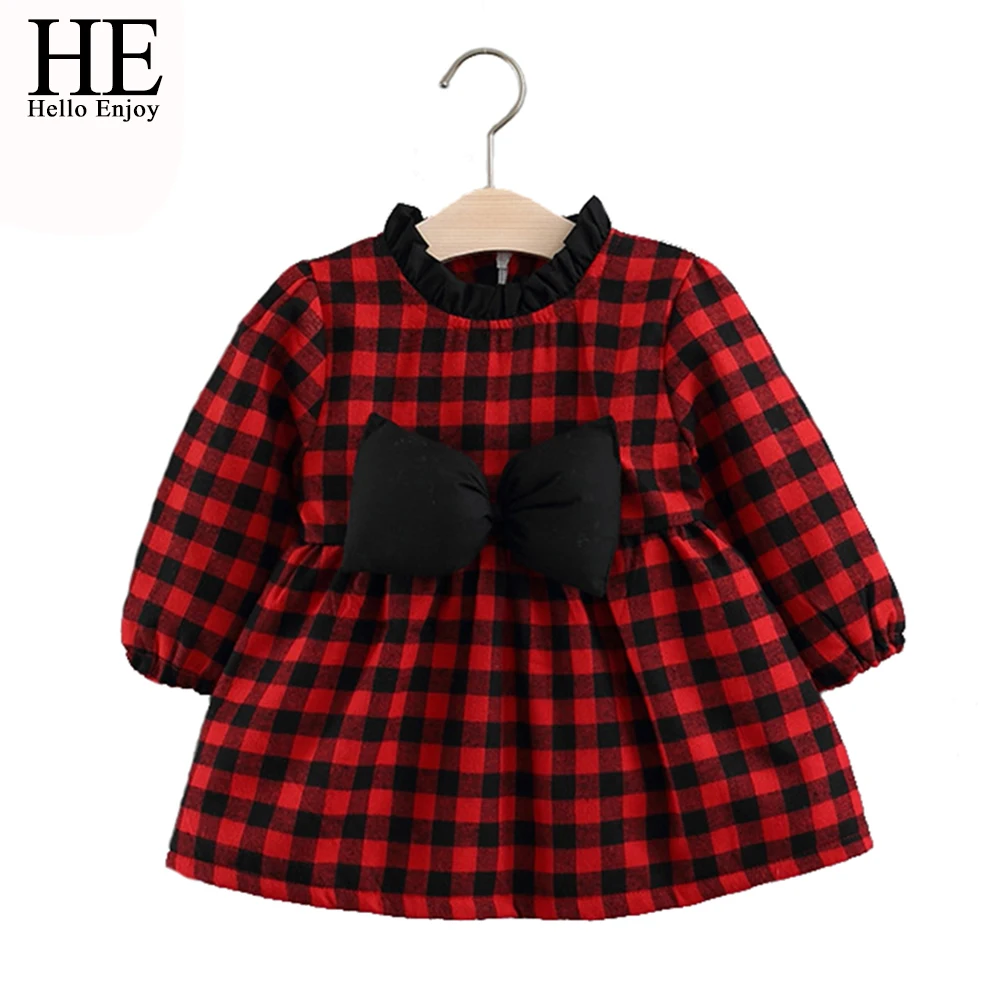 

HE Hello Enjoy Baby Girls Dress Red First Birthday Dress For Girl Baby Clothes Long Sleeve Plaid Bow Princess Dress Wedding 2019