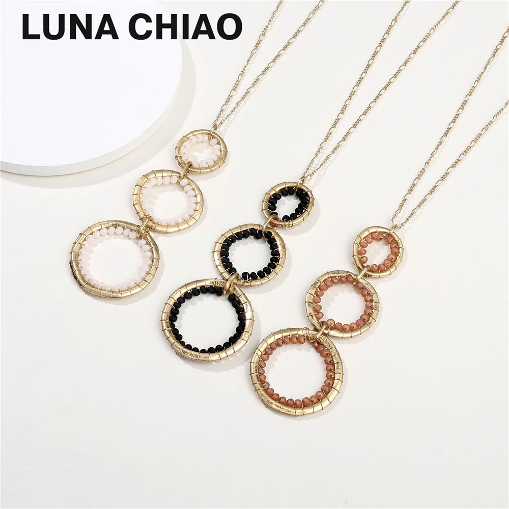

LUNA CHIAO Worn Gold Plating Long Chain Triple Metal Circle Pendant Necklace Crystal Necklaces for Women