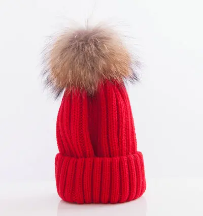 Женская шапка осень-зима, шапки из натурального меха енота, вязаная шерстяная шапка с меховым помпоном, шапка для девочек - Цвет: As picture