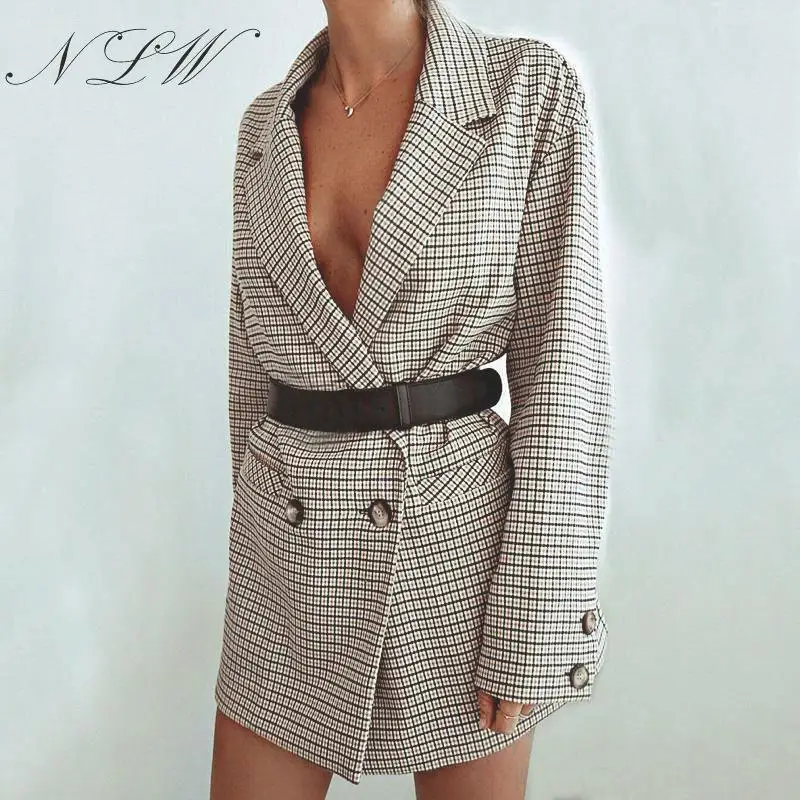 

NLW Plaid Long Blazer Women 2019 Autumn Winter Work Double Breasted Blazer Jacket Pocket Outwear Feminino Blazer Coat Fashion