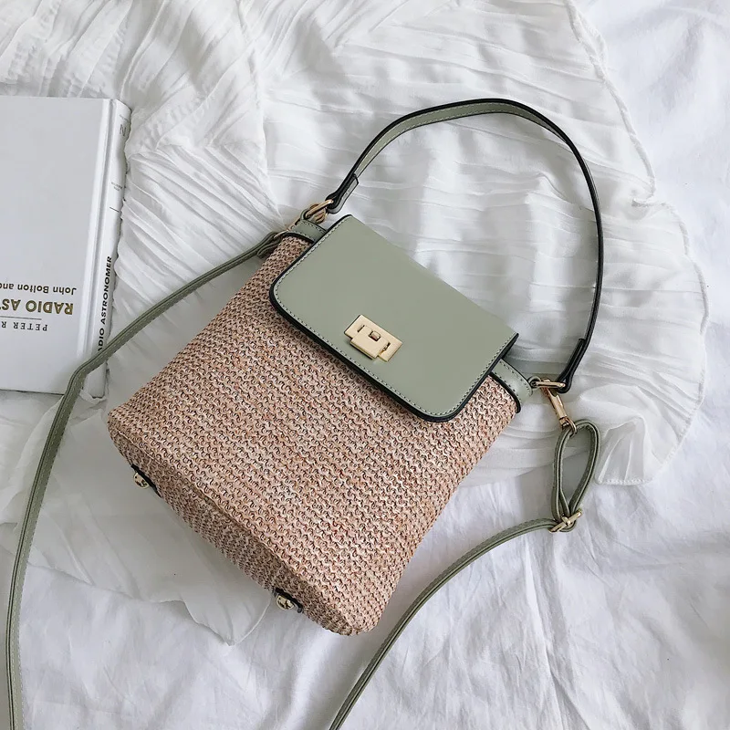 

Small Straw Bucket Bag Fashion Summer Beach handbags designer rieten tas Green Black wicker crossbody bags for women bolso