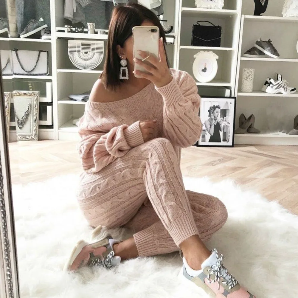2 Piece Set Women Sweaters Suit Sexy Off shoulder Sweater Pants Tracksuits Woman Knitted Casual Trousers+Tops Women Clothing Set 2 Piece Set Women Sweaters Suit Sexy Off shoulder Sweater Pants Tracksuits Woman Knitted Casual Trousers+Tops Women Clothing Set