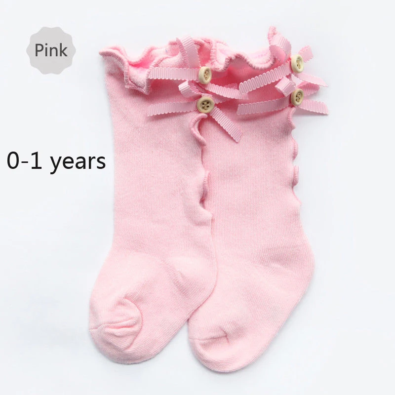 Красивые От 0 до 3 лет носки для новорожденных девочек и мальчиков хлопковые однотонные носки до колена с рюшами и бантом 6 цветов - Цвет: Pink  0 to 1 Years