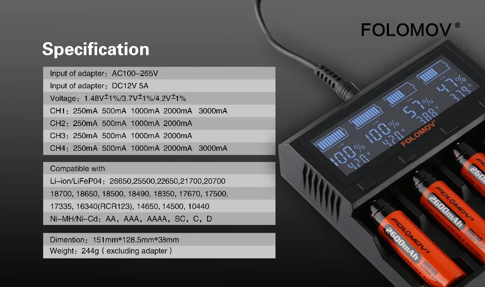 Folomov A2/folomov A4 Интеллектуальное Быстрое Зарядное устройство Li-ion/LifePO4, NiMH/NiCd Зарядное устройство