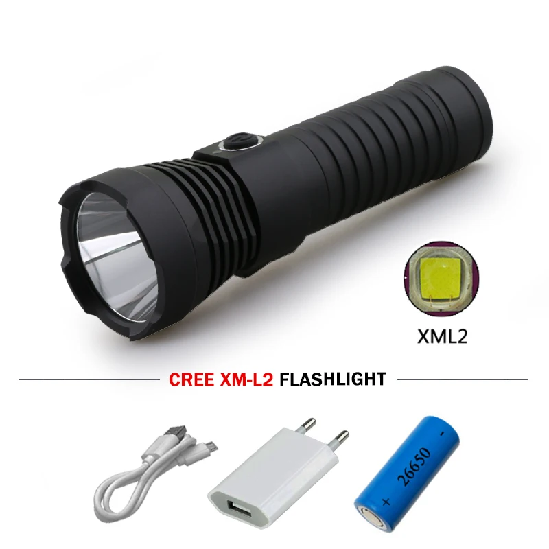 

Portable Lighting powerful led flashlight torch USB Flash light cree xml l2 Lanterna search 18650 or 26650 battery zaklamp light