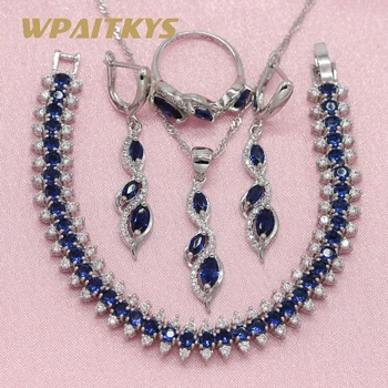 

Silver Color Jewelry Sets For Women Wedding Royal Blue Cubic Zirconia Earring Pendant Necklace Ring Bracelet Free Jewelry Box