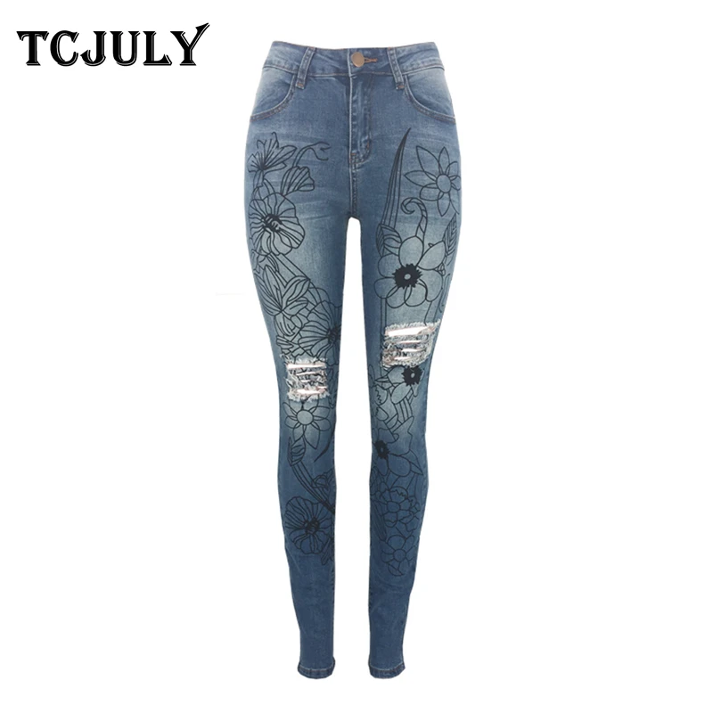 Женские рваные джинсы с цветочным принтом TCJULY обтягивающие Стрейчевые узкие