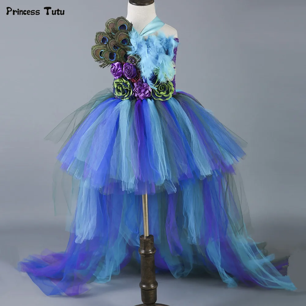 Новое платье-пачка с павлином и шлейфом для маленьких девочек фатиновые платья с цветами для девочек, детские Вечерние платья на свадьбу, день рождения, торжество
