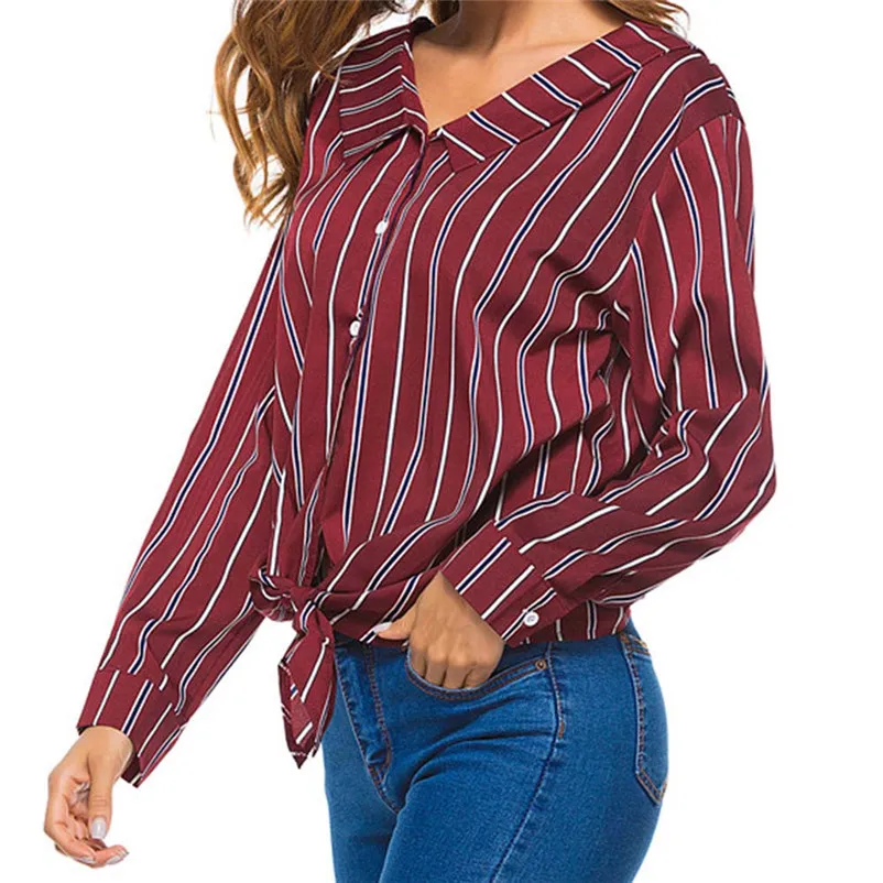 Fashion womens tops and blouses 2018 Womens Bow Striped Lapel Neck Button Long Sleeve Shirt Tops Blouse camicette A06#N  (1)