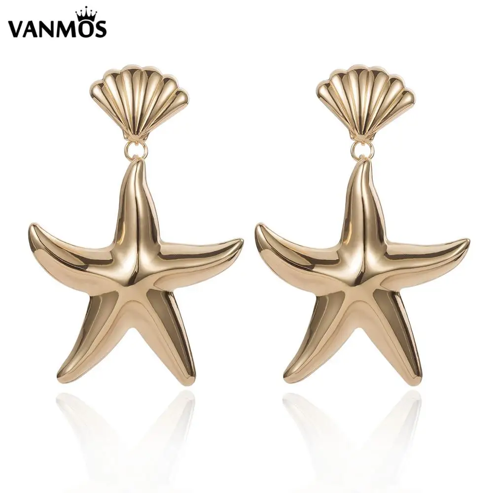 

New Fashion Gold Color Alloy Shell Starfish Drop Earrings for Women Girl's Ethnic Exaggeration Accessories Jewelry Star Pendant