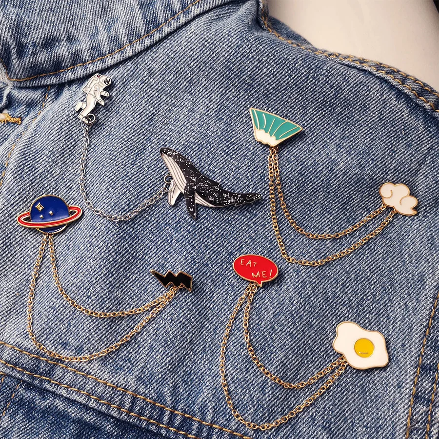 

Belleper Astronaut Whales Cartoon Brooches Galaxy Moon Fuji Mountain Egg Animal Tassel Pins Brooches Badges Women Men Cute Pin