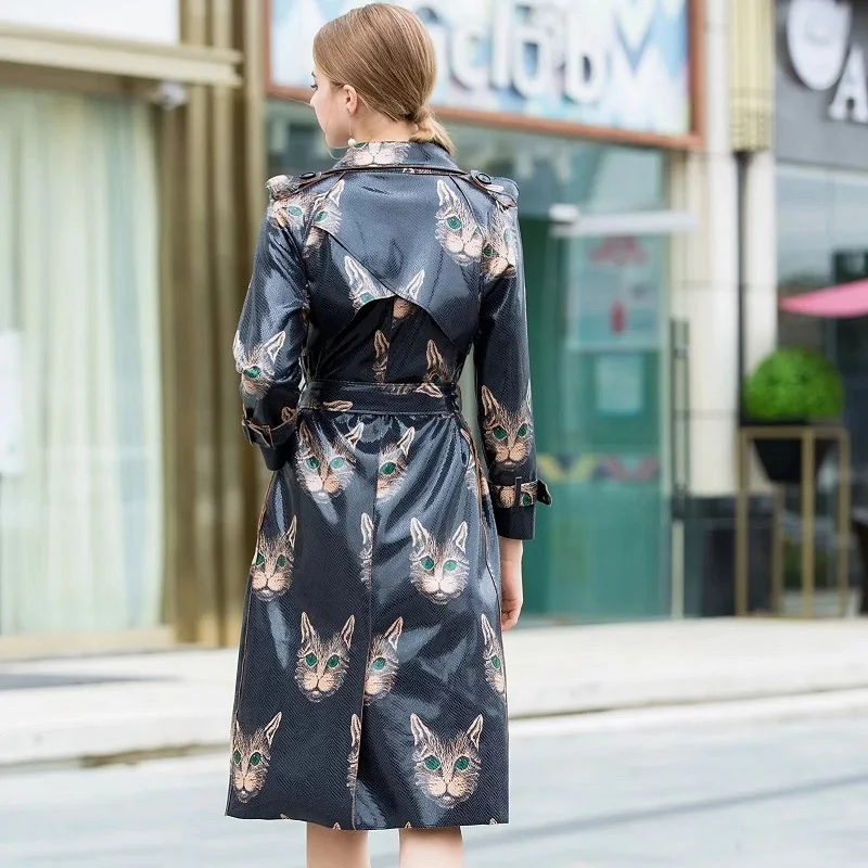 2018 Casual Impression Trench En Ceinture Femmes Réglable Long Mode Chat De Pardessus Pu Cuir Manteau Nouvelle Haute Mignon Qualité FwxaqIqf