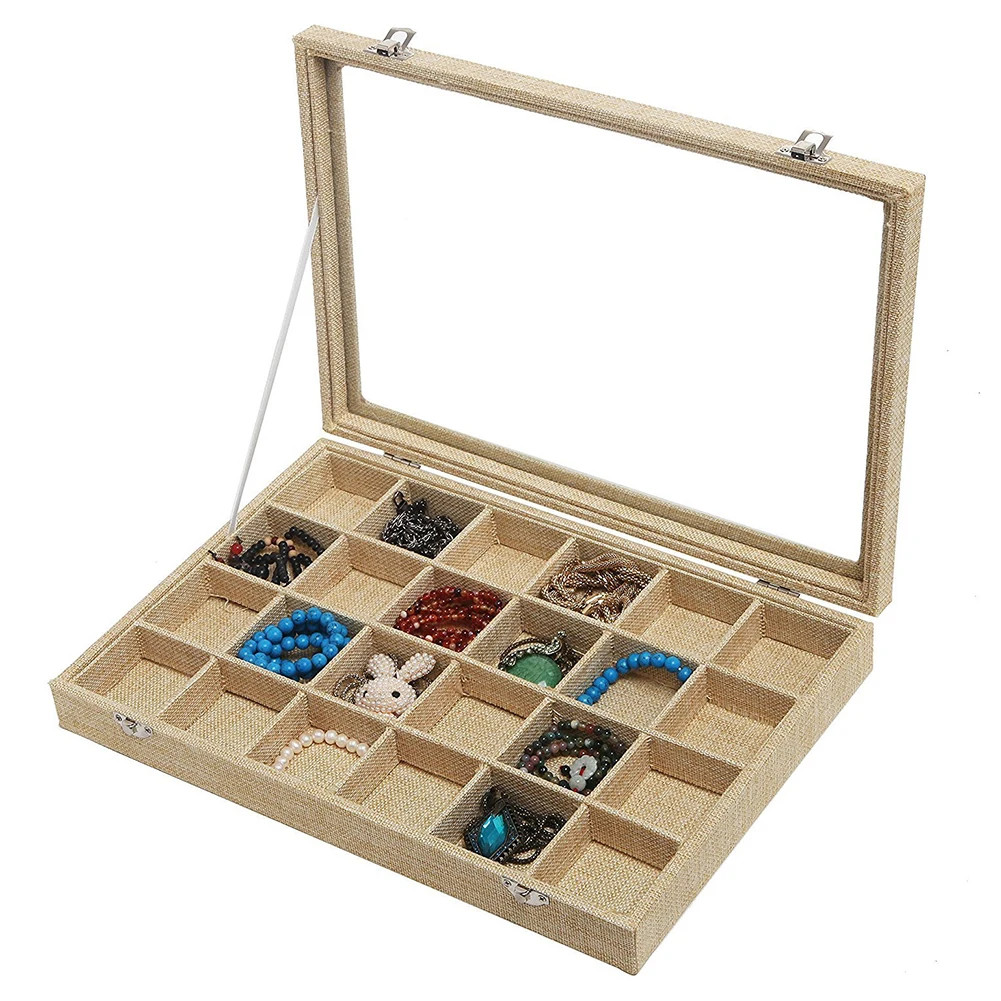 24 Grid Linen Jewelry Box Removable/Showcase Storage Rings Earrings