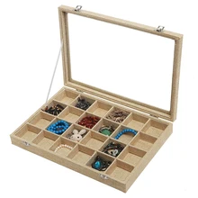 24 caja de joyería de lino de rejilla extraíble/escaparate anillos de almacenamiento pendientes botones de broche Vintage joyería organizador de vidrio con cerradura