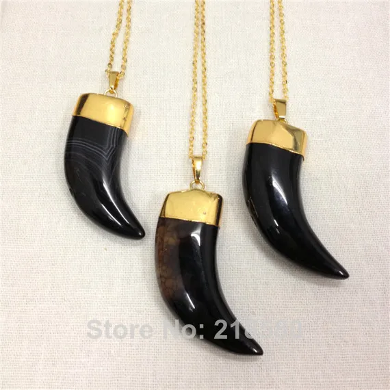 H QN106 Black Agat Рог из оникса подвеска с клыком ожерелье золотого цвета|necklace gold|pendant