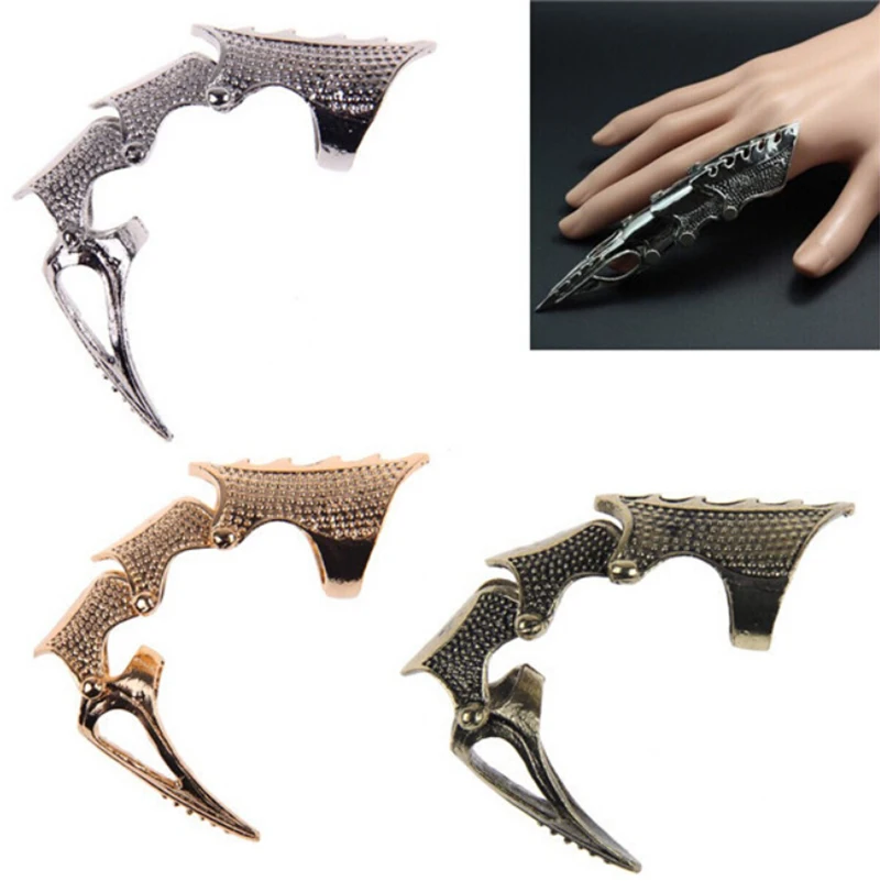 Unisex Punk Knight Skull Double Finger Ring Knuckle Armour Full Finger Ring Gothic Punk Silvery Ghost Rings Men Woman